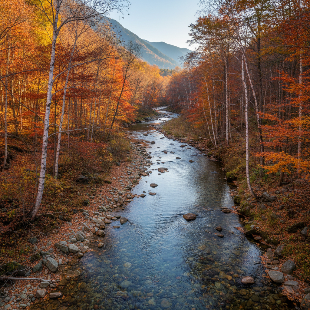 A winding, crystal-clear mountain river snakes through a valley of autumn forest, the water’s surface reflecting patches of sky and fiery foliage in amber, crimson, and copper hues. Smooth, rounded river stones are visible beneath the surface, their textures and colors rendered with tactile realism. The banks are lined with birches and maples at peak fall color, their leaves carpeting the ground in a rich tapestry. Warm, late-afternoon golden hour light streams in from the side, casting dappled highlights on the ripples and creating long, soft shadows beneath overhanging branches. Captured from a high, slightly diagonal viewpoint to emphasize the river’s serpentine path, the composition leads the viewer’s eye into distant, blue-toned mountains. The atmosphere is contemplative and sophisticated, celebrating landscape as fine art in a clean, photographic style.
