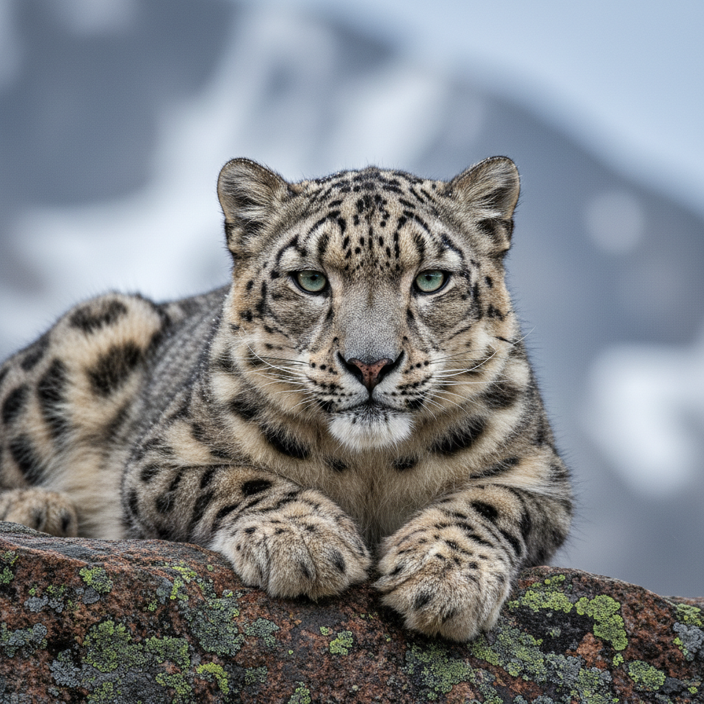 An intimate close-up of a snow leopard reclining on a rocky ledge high in the mountains, its thick, smoky-grey and cream fur patterned with rosettes captured in precise, tactile detail. Tiny ice crystals cling to its whiskers and eyelashes, and the pads of its massive paws rest against lichen-covered stone. Behind, an abstract blur of snowy ridges and cliffs fades into soft blues and whites through a shallow depth of field. Cool, diffused overcast light from a high altitude sky provides gentle, shadowless illumination, emphasizing the softness of the fur and the piercing, pale eyes. Photographed at eye level with a tight, sophisticated composition, the mood is quietly powerful and introspective, highlighting the elusive beauty and vulnerability of this apex predator in a fine art wildlife photography style.
