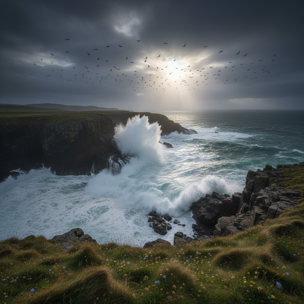 A dramatic coastal cliff scene where powerful waves crash against jagged, dark basalt rocks, sending plumes of white spray into the air, frozen in crisp, photographic detail. Sea birds circle high above, rendered as distant silhouettes against a stormy sky layered with textured slate-grey clouds. A narrow strip of windswept grass, dotted with small wildflowers in muted tones, crowns the cliff edge in the foreground. Late-afternoon light breaks through a gap in the clouds, creating a spotlight effect that illuminates the turquoise depths and white foam patterns below while leaving other areas in moody shadow. Captured from a slightly elevated vantage point with wide-angle composition, the image has strong leading lines formed by the coastline. The atmosphere is powerful, untamed, and cinematic, yet composed with a refined, artistic sensibility.