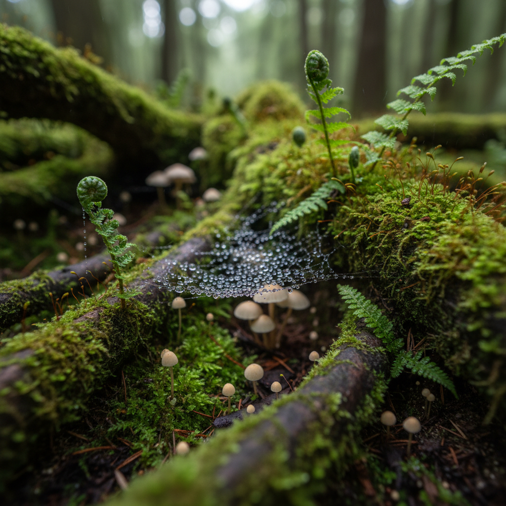 An ancient moss-covered forest floor with intricate ferns, tiny mushrooms, and dew-laden spiderwebs glistening between gnarled tree roots, captured in ultra-close macro detail. Every droplet refracts the surrounding greenery like miniature lenses, while the velvety moss displays countless shades of emerald and jade. Soft, diffused overcast light filters down from the canopy, creating even illumination with subtle, mysterious shadows among the roots. Shot from a low, intimate perspective with a very shallow depth of field, only a small slice of the scene is in sharp focus, allowing the background greenery to blur into a painterly wash of color. The mood is quietly magical and introspective, emphasizing the hidden, artistic beauty of wilderness micro-landscapes in a sophisticated, photographic style suitable for fine art nature photography.