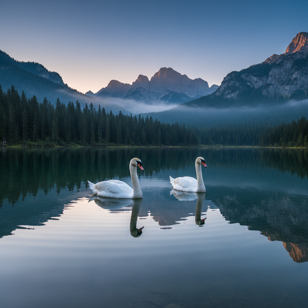 An elegant pair of mute swans glide across a glassy mountain lake, their pure white feathers rendered in exquisite detail, droplets of water beading along their curved necks. Behind them, dense evergreen forests rise into mist-wrapped cliffs, reflected in the mirror-smooth surface. The scene is bathed in soft, pre-dawn blue hour light, with a faint blush of pink emerging along the distant horizon, creating subtle gradients in the sky and water. Captured from a low angle right at water level, the composition uses the rule of thirds, with the swans gently off-center and the reflections forming abstract shapes below. The atmosphere is tranquil and poetic, with a refined, photographic realism that celebrates the quiet artistry of nature and the grace of wildlife within an untouched alpine setting.